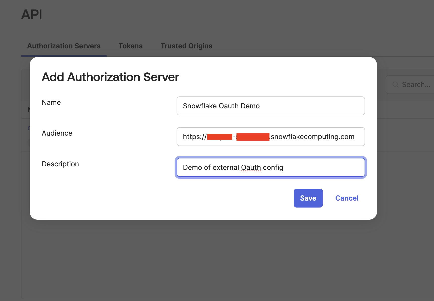 The Okta API window with the Audience value set to the Snowflake URL